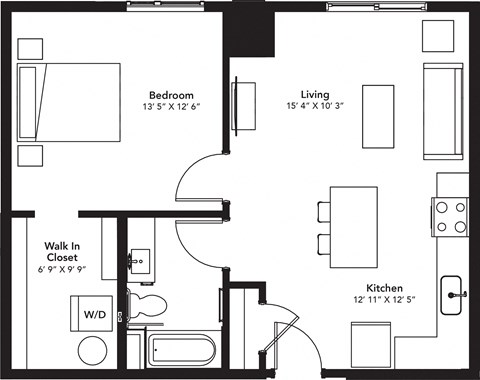 a floor plan of a studio apartment with a bedroom and a living room